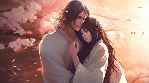 man hug girl, k-pop idol face, man have black long hair and girl have black long hair, girl wear white asia oriantal robe and man wear white asia oriantal robe, man showing muscular builded chest, 20 years old, anime, lean at cherry blossoms tree, cinematic lighting, hyper detailed, 8k HD, high resolution, sharp focus, full body, --q 2 --v 5 --ar 16:9
