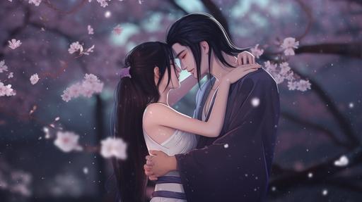 man hug girl, k-pop idol face, man have black long hair and girl have black long hair, girl wear white asia dress and man wear mint color asia oriantal robe, man showing muscular builded chest, 20 years old, anime, lean at cherry blossoms tree, cinematic lighting, hyper detailed, 8k HD, high resolution, sharp focus, full body, --q 2 --v 5 --ar 16:9
