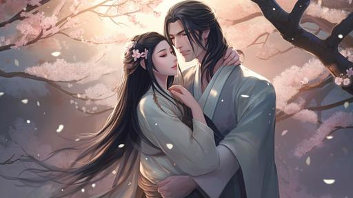 man hug girl, k-pop idol face, man have black long hair and girl have black long hair, girl wear white asia oriantal robe and man wear white asia oriantal robe, man showing muscular builded chest, 20 years old, anime, lean at cherry blossoms tree, cinematic lighting, hyper detailed, 8k HD, high resolution, sharp focus, full body, --q 2 --v 5 --ar 16:9
