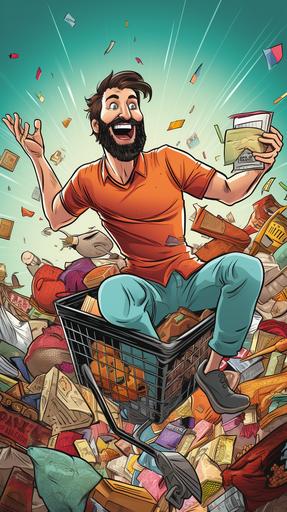 man hunting for discounts, comic style, caricature, bright colors, overflowing basket of goods on sale --v 5.2 --ar 9:16
