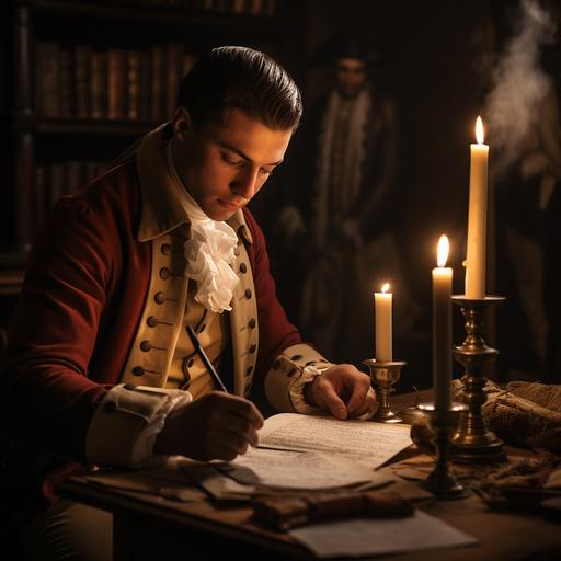 man in British revolutionary war uniform reads letter by candle