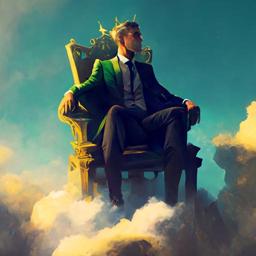 man in a black suit and green tie and short hair, sitting on a throne on top of a mountain, art, clouds, blue sky, golden throne, cinema quality, watch on his wrist, king's crown on his head, cinema light, realistic shadow, high definition, 1280x720, thumbnail style