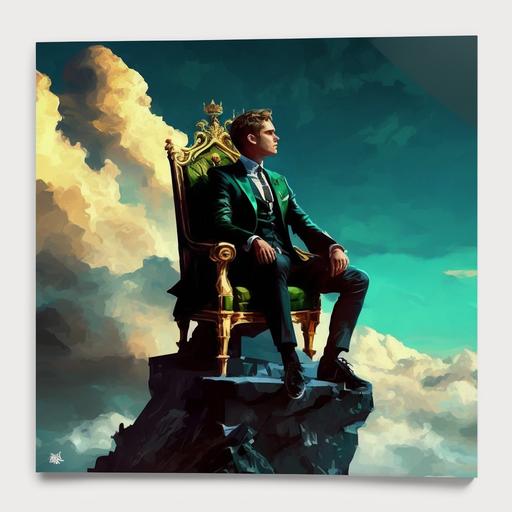 man in a black suit and green tie and short hair, sitting on a throne on top of a mountain, art, clouds, blue sky, golden throne, cinema quality, watch on his wrist, king's crown on his head, cinema light, realistic shadow, high definition, scale image 1280x720, thumbnail style
