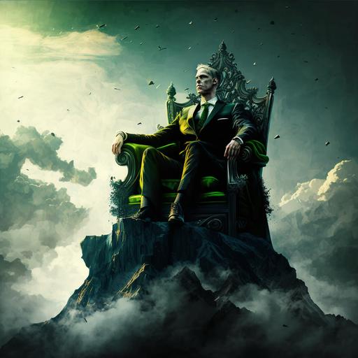 man in a black suit and green tie and short hair, sitting on a throne on top of a mountain, art, clouds, blue sky, golden throne, cinema quality, watch on his wrist, king's crown on his head, cinema light, realistic shadow, high definition, 16:9 thumbnail style