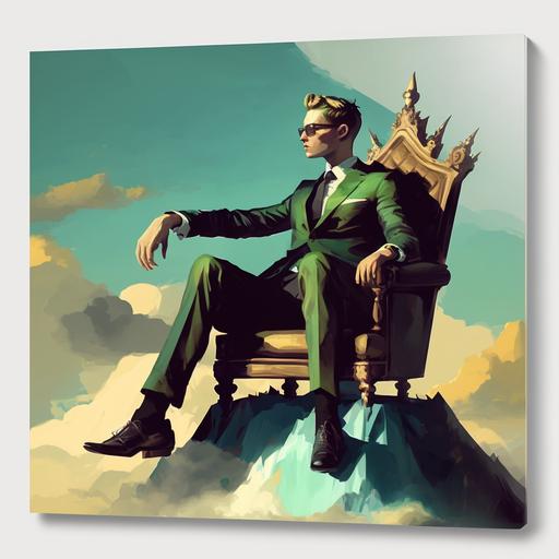 man in a black suit and green tie and short hair, sitting on a throne on top of a mountain, art, clouds, blue sky, golden throne, cinema quality, watch on his wrist, king's crown on his head, cinema light, realistic shadow, high definition, 1280x720, thumbnail style