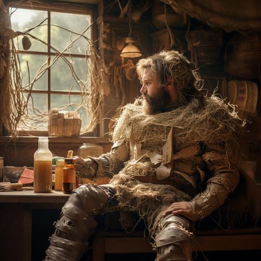 man in a fantasy inn setting, wearing a costume of homemade armor constructed from hay, rope, and beer bottles