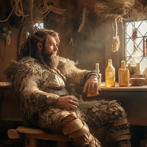 man in a fantasy inn setting, wearing a costume of homemade armor constructed from hay, rope, and beer bottles