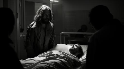 man in a hospital bed being questioned by two police officers. Jesus Christ is standing quietly in the corner. cinematic. black and white, shot in the style of bela tarr. anamorphic lens, --ar 16:9