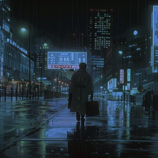 man in a trenchcoat walking on the sidewalk in a dvd screen grab of [Ghost in the shell Movie 1995 anime film] carrying a thick black briefcase. Background is a streen sceen in the rain, drawn by [Hiroyuki Okiura], animated by [Production I.G Animation Studio], neon cyberpunk setting, 1985 Japanese anime, blue color pallette, hex #1313cc