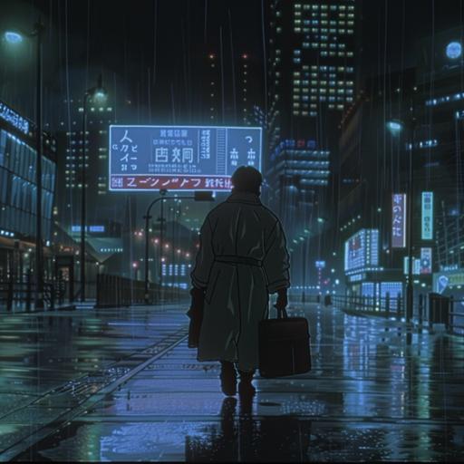 man in a trenchcoat walking on the sidewalk in a dvd screen grab of [Ghost in the shell Movie 1995 anime film] carrying a thick black briefcase. Background is a streen sceen in the rain, drawn by [Hiroyuki Okiura], animated by [Production I.G Animation Studio], neon cyberpunk setting, 1985 Japanese anime, blue color pallette, hex #1313cc