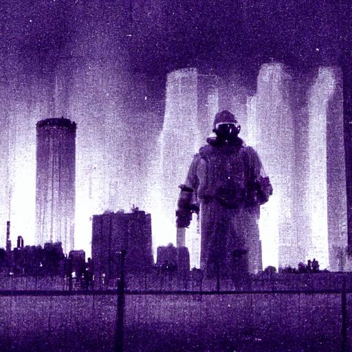 man in gas mask in front of twin towers at night thermal camera