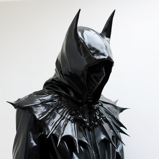 man in latex bat hood, white background, monsterous, full body, distorted