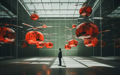 man in suit walking inside spacious helicopter museum with exquisite red green autogyro propeller chandelier by elsa bleda, minimal male figures, minimalist doll --ar 16:10 --stylize 150 --v 5.2