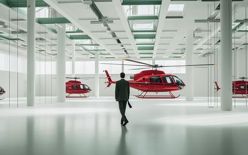 man in suit walking inside spacious helicopter museum with exquisite red green autogyro propeller chandelier by elsa bleda, minimal male figures, minimalist doll --ar 16:10 --stylize 150 --v 5.2