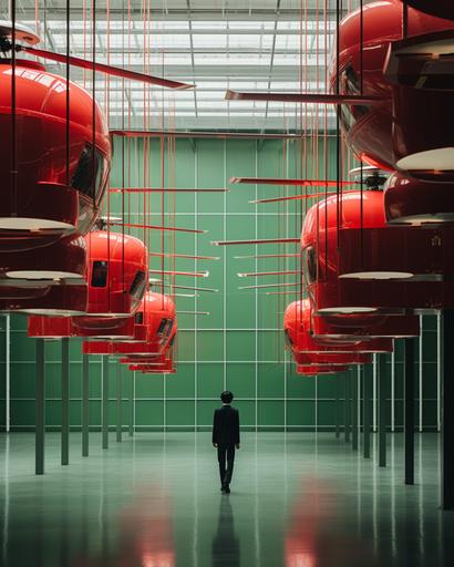 man in suit walking inside spacious helicopter museum with exquisite red green autogyro propeller chandelier by elsa bleda, minimal male figures, minimalist doll --ar 4:5 --stylize 150 --v 5.2