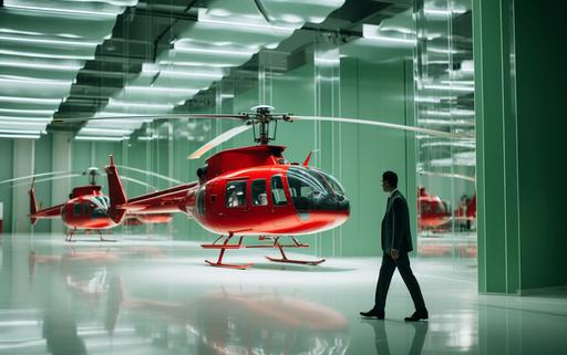 man in suit walking inside spacious helicopter museum with exquisite red green autogyro propeller chandelier by elsa bleda, minimal male figures, minimalist doll --ar 16:10 --stylize 150 --v 5.2