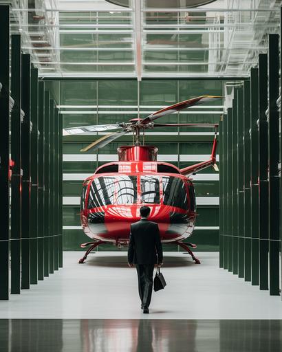 man in suit walking inside spacious helicopter museum with exquisite red green autogyro propeller chandelier by elsa bleda, minimal male figures, minimalist doll --ar 4:5 --stylize 150 --v 5.2