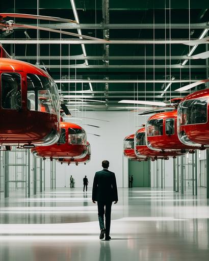 man in suit walking inside spacious helicopter museum with exquisite red green autogyro propeller chandelier by elsa bleda, minimal male figures, minimalist doll --ar 4:5 --stylize 150 --v 5.2