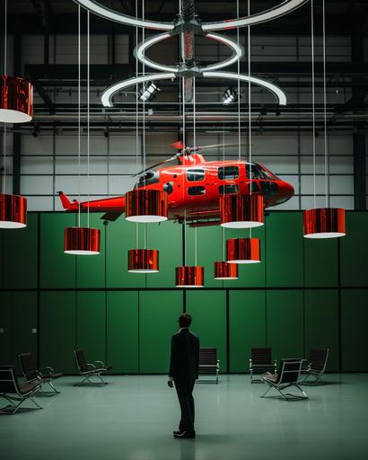 man in suit walking inside spacious helicopter museum with exquisite red green autogyro propeller chandelier by elsa bleda, minimal male figures, minimalist doll --ar 4:5 --stylize 150 --v 5.2