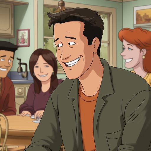 man looks like chandler bing cracks jokes and laughs infront of his friends in cartoon theme