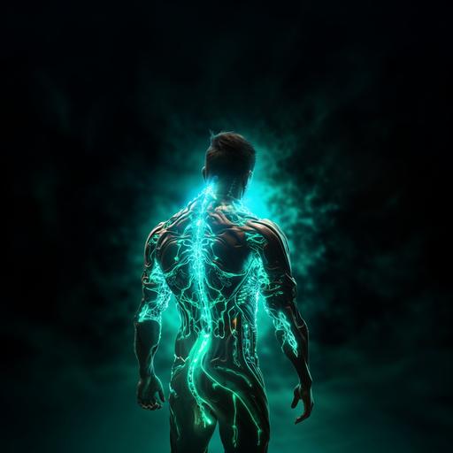 man made of turquoise light and energy three quarters view from behind body