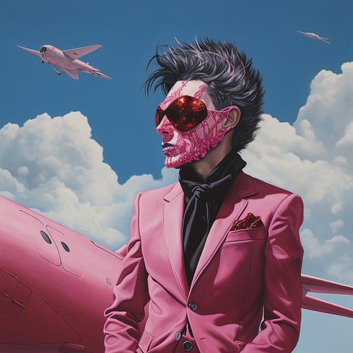 man, man with twisted neck looking at a pink airplane in the sky , the man is a 80’s rockstar with a red rhinestone mask, he twisted his neck looking at the pink airplane zoom by, 80’s style cover art, the cure style cover art