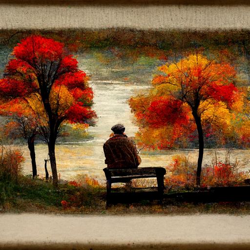 man on a bench in sorrow wearing a knitted sweater, fall trees, painting, dreamy, fall color,