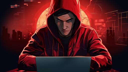 man, pamphlet with hacker with his hood up and red bandanna wrapped around his face, sitting at laptop, cartoon style, intense, --ar 16:9