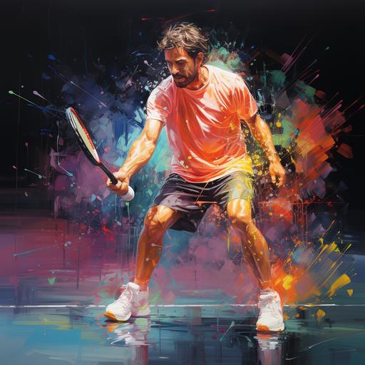 man plays tennis, Holography art style, calm, victory, tennis court, --s 750