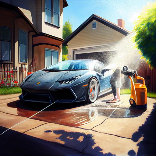 man presure washing his driveway with presure washing portable machin, his car is parked on the street, sunny day ,the overall effect is a photorealistic. --upbeta --q 2 --v 4