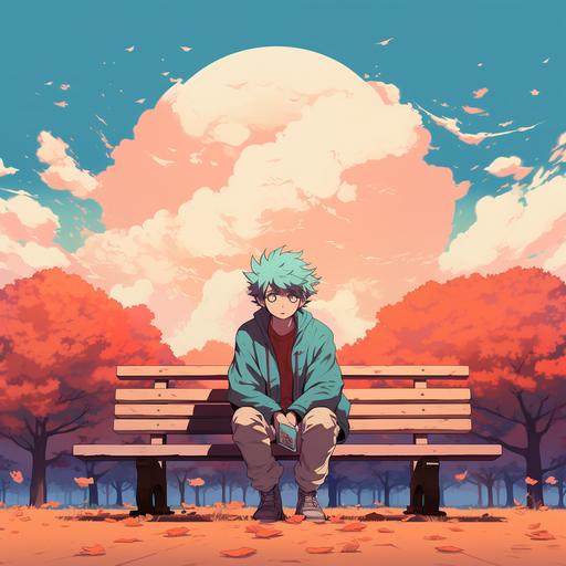 man sitting on a bench in the Hayao Miyazaki style, old anime, lofi vibes, pastel turquoise, pink, orange coloured
