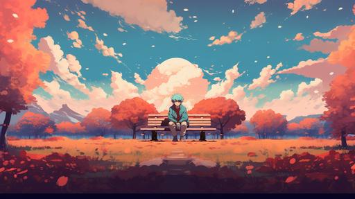 man sitting on a bench in the Hayao Miyazaki style, old anime, lofi vibes, pastel turquoise, pink, orange coloured --ar 16:9