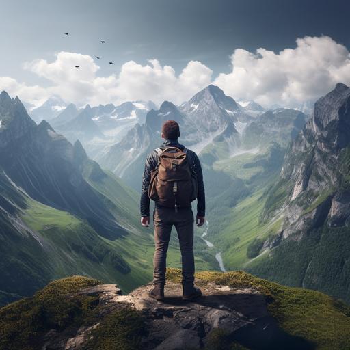 man standing on ups and down mountains with bagpack binocular