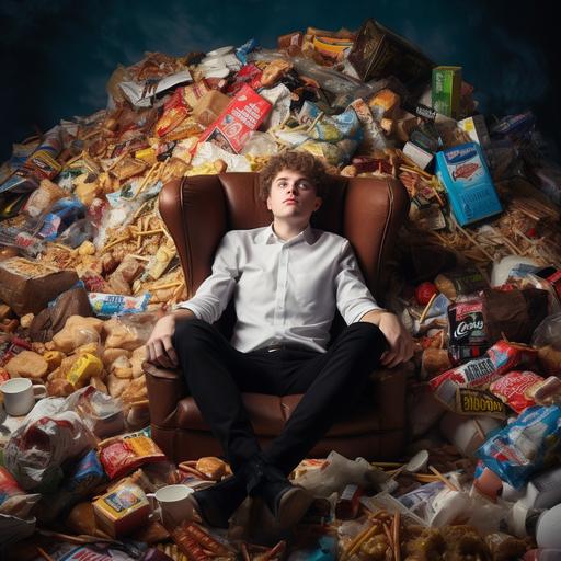 man stressed sitting in a pile of junk food