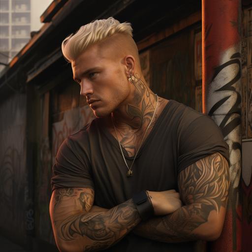man, tanned skin, undercut blond hair, muscular, tattoos, urban, photorealistic