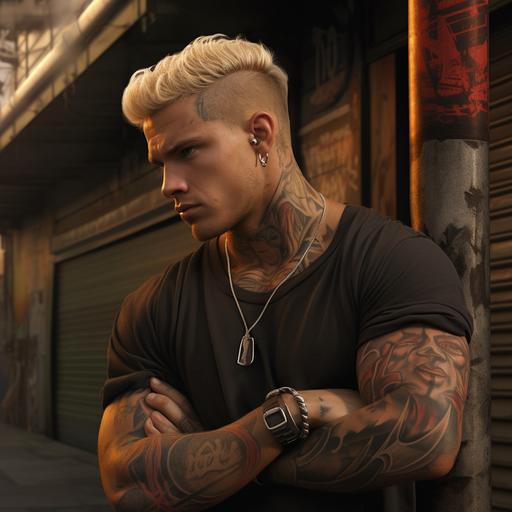 man, tanned skin, undercut blond hair, muscular, tattoos, urban, photorealistic