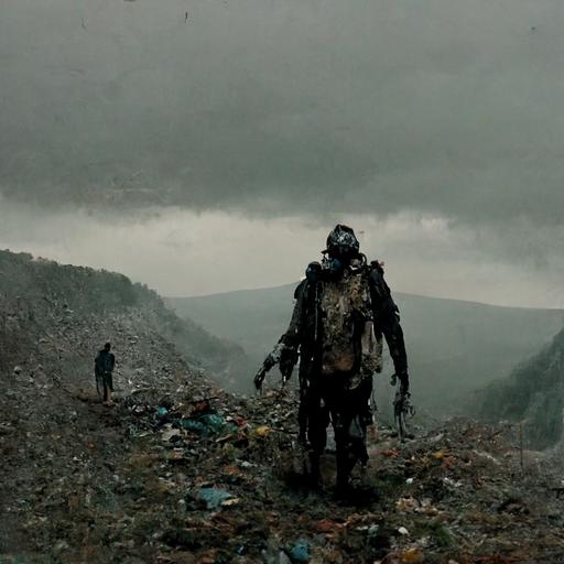 man wandering at the edge of a mountain. neil blompkamp movie shot, post-apocalyptic cosplay, highly detailed, highly realistic, abandoned. Moody. Atmospheric.