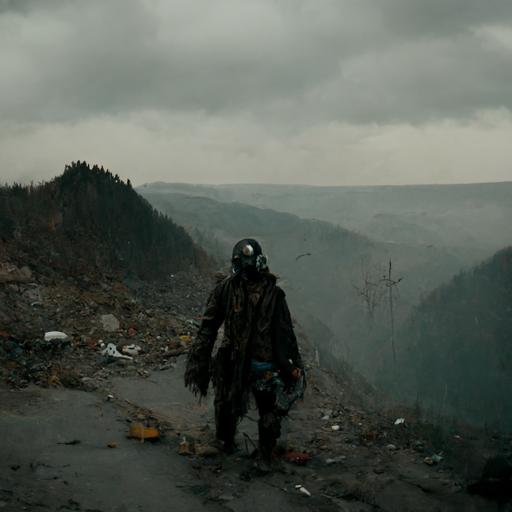 man wandering at the edge of a mountain. neil blompkamp movie shot, post-apocalyptic cosplay, highly detailed, highly realistic, abandoned. Moody. Atmospheric. --uplight
