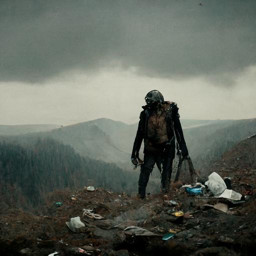 man wandering at the edge of a mountain. neil blompkamp movie shot, post-apocalyptic cosplay, highly detailed, highly realistic, abandoned. Moody. Atmospheric. --uplight