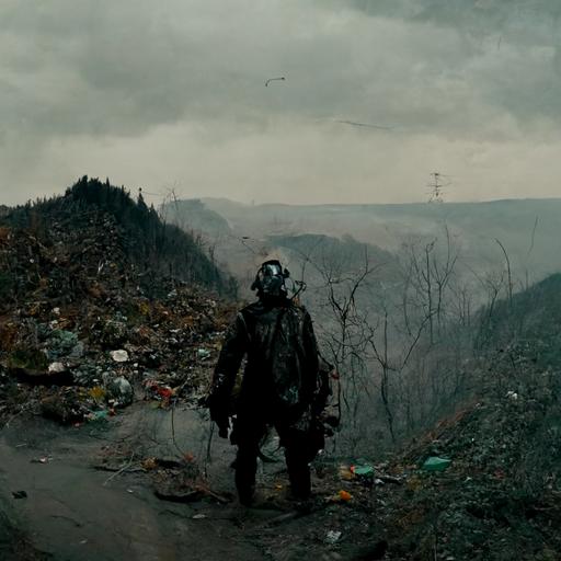 man wandering at the edge of a mountain. neil blompkamp movie shot, post-apocalyptic cosplay, highly detailed, highly realistic, abandoned. Moody. Atmospheric.