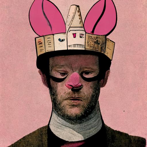man wearing a crown, man wearing a pink bunny costume, in a bookstore, style of Chris Ware, style of Ashley Wood, style of Jamie Hewlett