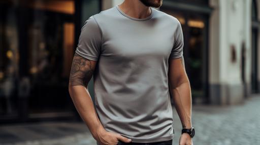 man wearing a grey tee shirt and jeans, in the style of soft edges and blurred details, simple and elegant style, high quality, pure color, meticulous technique lifestyle photography --ar 16:9