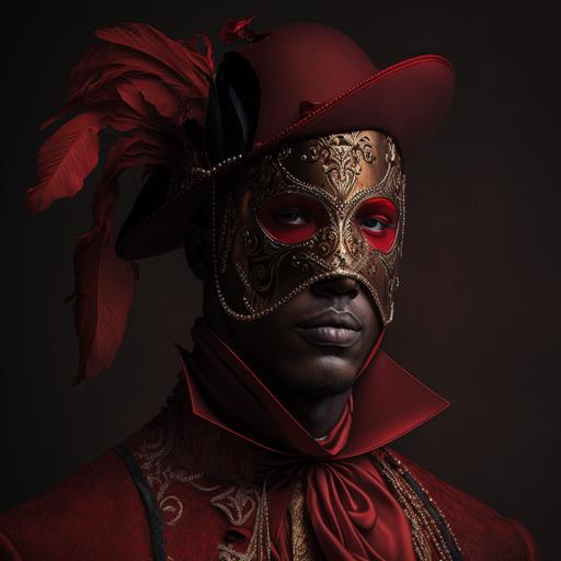 man wearing red masquerade mask