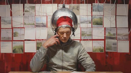 man wearing tinfoil hat in front of evidence board containing pictures of fennel connected by red string, conspiracy, it's all fennel, painting by coby whitmore, austin briggs, ed brubaker --ar 16:9