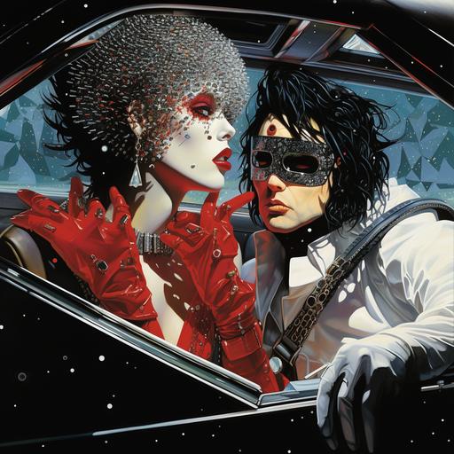 man with a twisted broken neck looking at a woman driving a jet passed him, 80’s comic book style , the man looks like a super hero covered in rhinestones and a red rhinestone face mask fully covered with black rhinestone gloves. 80’s cover art , the cure cover art.