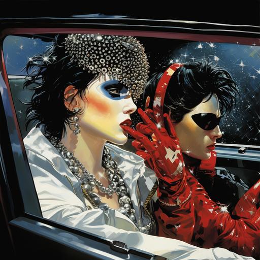 man with a twisted broken neck looking at a woman driving a jet passed him, 80’s comic book style , the man looks like a super hero covered in rhinestones and a red rhinestone face mask fully covered with black rhinestone gloves. 80’s cover art , the cure cover art.