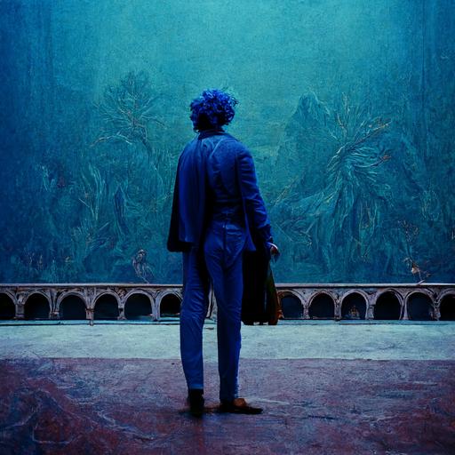 man with blue hair wearing a blue jeans suit 70s style standing in a theatre scene with no audience with renaissancedesign, with golden peacock statues, the viewis a deserted scenery with mountains. theatmosphere is dark,Michelangelo style