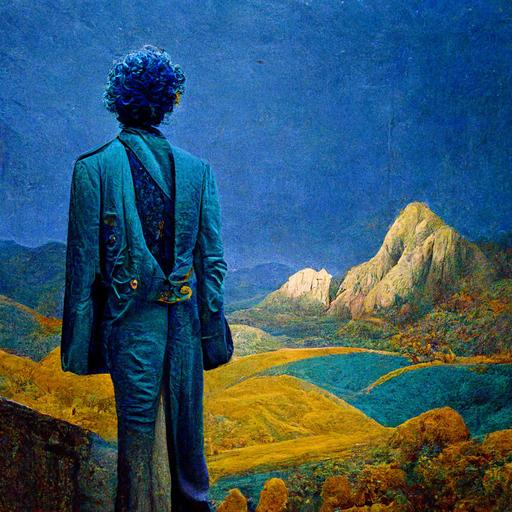 man with blue hair wearing a blue jeans suit 70s style standing in a theatre scene with no audience with renaissancedesign, with golden peacock statues, the viewis a deserted scenery with mountains. theatmosphere is dark,Michelangelo style