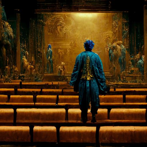 man with blue hair wearing a blue jeans suit standing in an empty theatre scene with renaissancedesign, with golden peacock statues. theatmosphere is dark,Michelangelo style