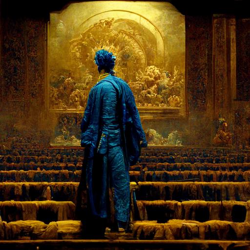man with blue hair wearing a blue jeans suit standing in an empty theatre scene with renaissancedesign, with golden peacock statues. theatmosphere is dark,Michelangelo style